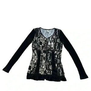 Dolcezza Art to Wear Graphic Black White Zip Up Tunic Top Womens Size M